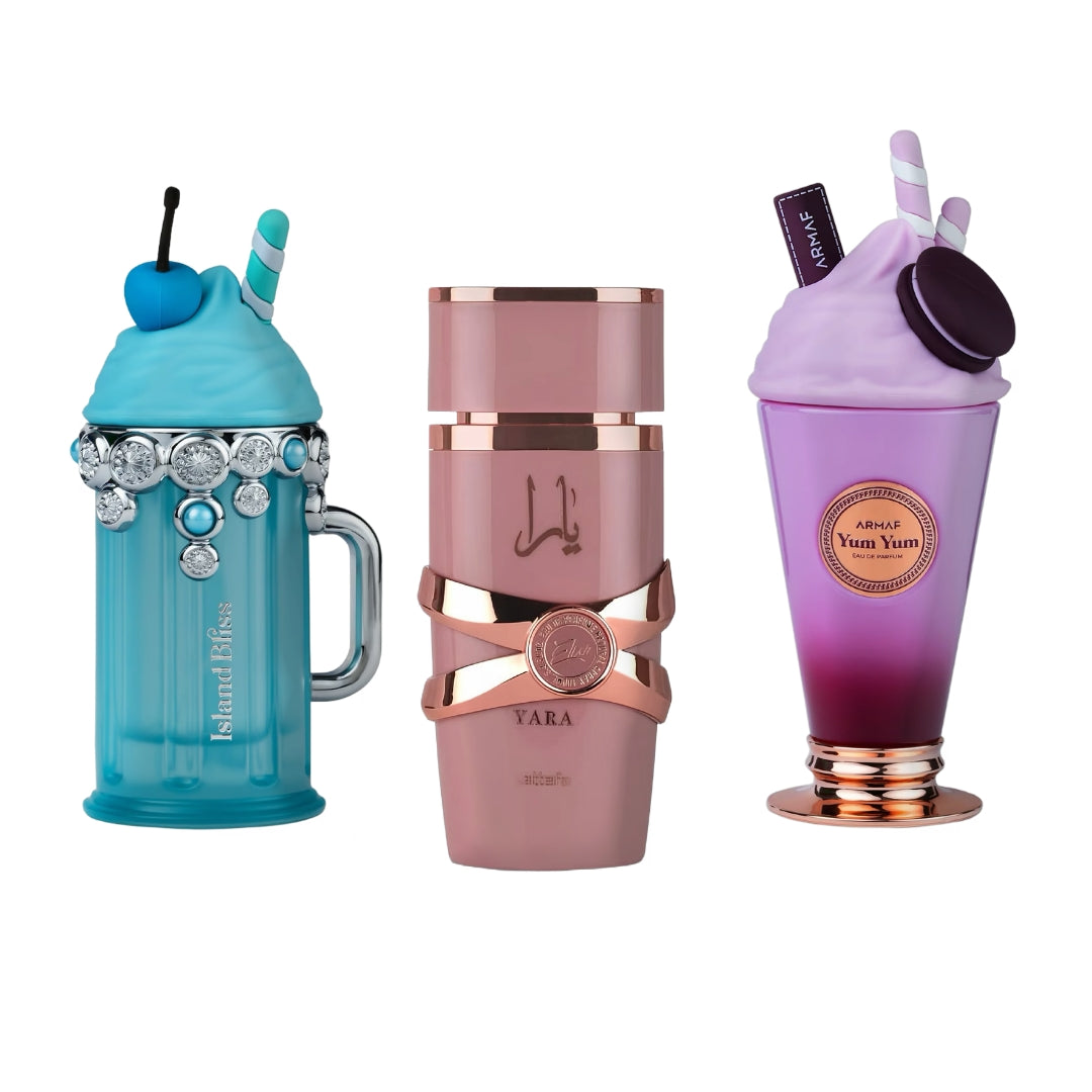 SET DE 3 PERFUMES YUM YUM , ISLAND BLISH Y YARA LATAFFA ELIXIR 100 ML