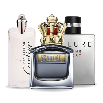 SET DE 3 PERFUMES ALLURE HOMME SPORT, SCANDAL POUR HOMME BY JEAN PAUL GAULTIER, CARTIER DÉCLARATION 100ML