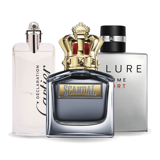 SET DE 3 PERFUMES ALLURE HOMME SPORT, SCANDAL POUR HOMME BY JEAN PAUL GAULTIER, CARTIER DÉCLARATION 100ML