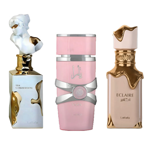 SET DE 3PERFUMES ECLAIRE LATAFFA , Yara Lattafa Y HER CONFESSION DAMA