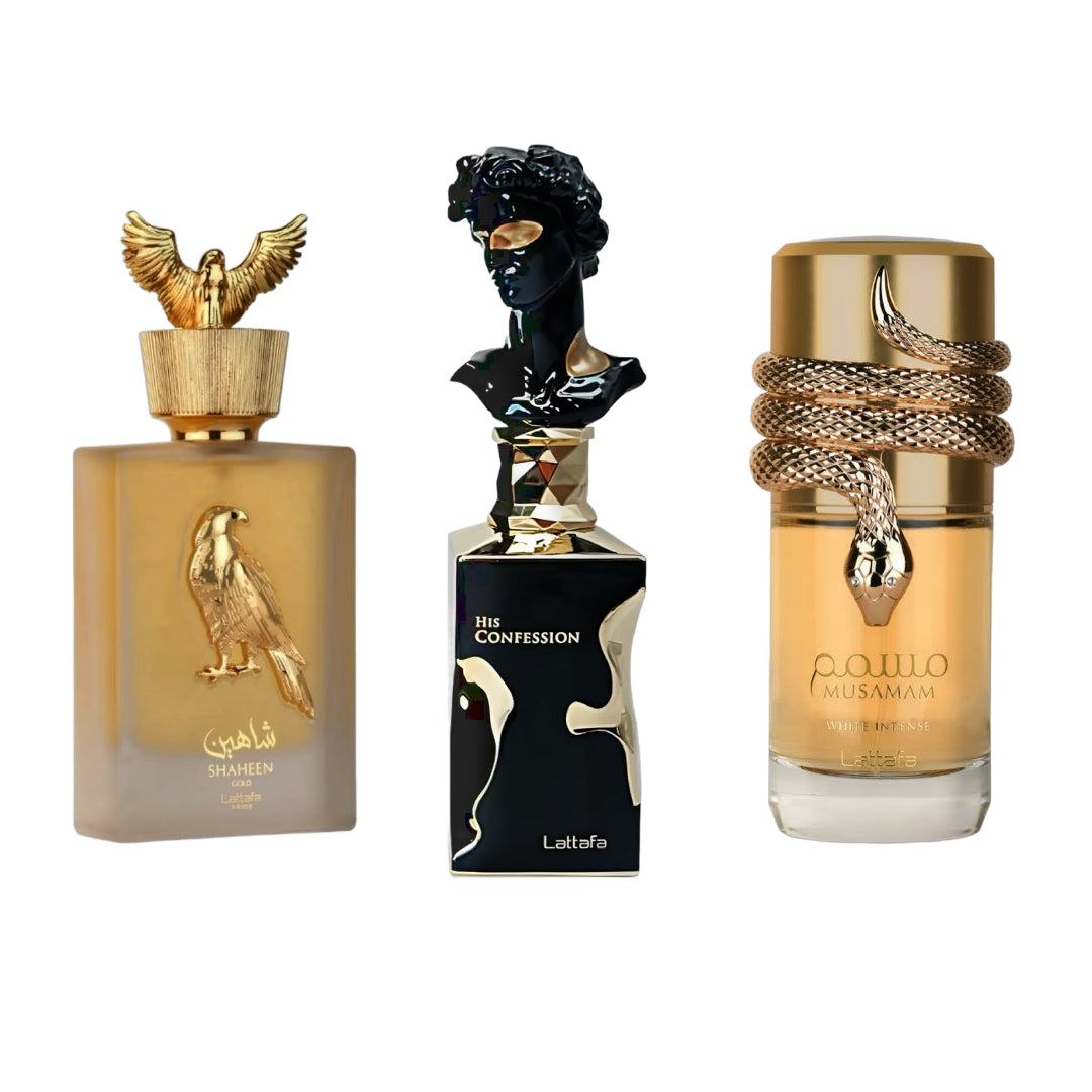 SET DE 3 PERFUMES HIS CONFESSION MEN, SHAHEEN GOLD 100 MLX Y MUSAMAN WHITE INTENSE